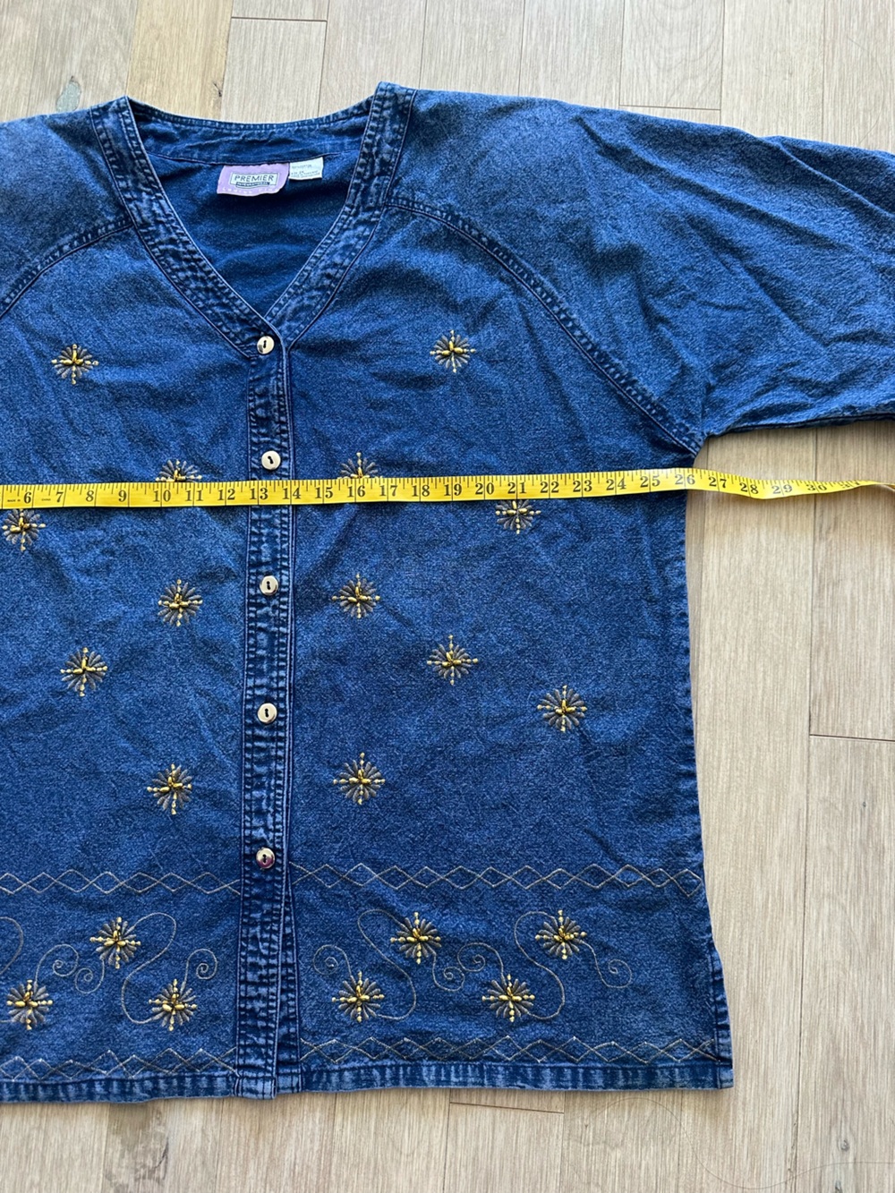 Vintage Premier Blue Denim Button-Front Shirt with Gold Star Embroidery Size 2X - Picture 6 of 7
